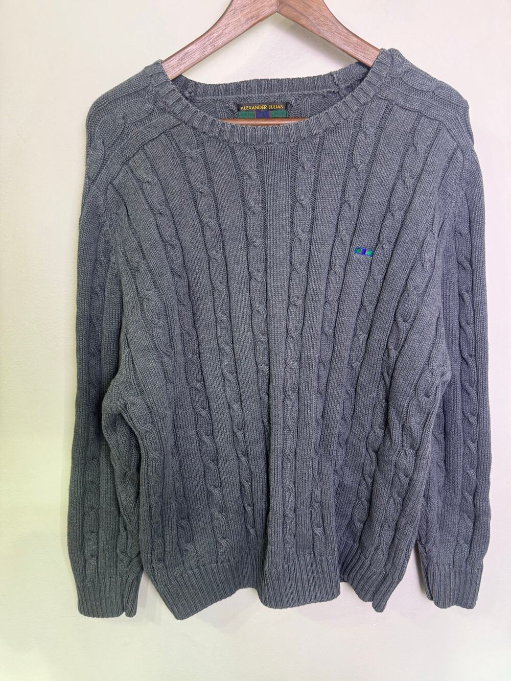 Alexander Julian Colours Gray Cable Knit Cotton Sweater Men’s L Vintage